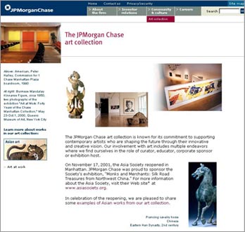 Web pages on JPMorgan Chase's art collection and Asian art collection